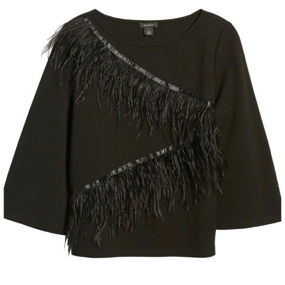 HALOGEN Black Zigzag Feather Trim Bell Sleeves Top - Picture 5 of 8